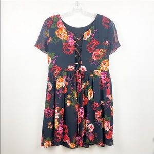 🍀4/$10 ASOS Floral Print Black Lace Up Mini Dress